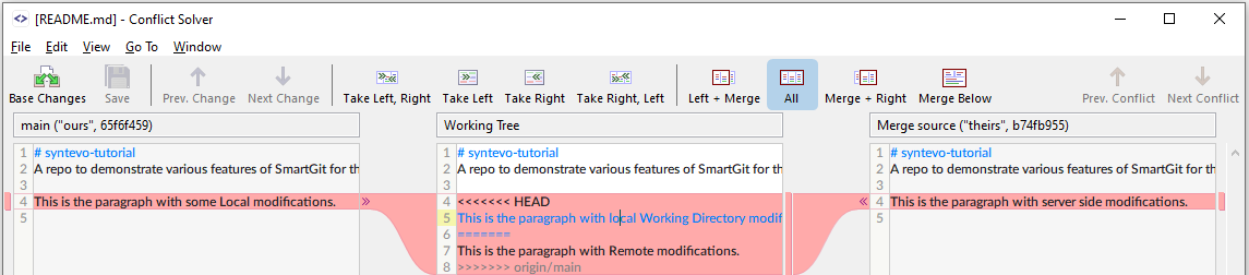 SmartGit's 3-pane Conflict Solver showing local changes, conflicts, and incoming merge changes for visual resolution