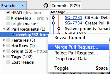 SmartGit's Branches view shows context menu of pull-request to merge or reject pull request, or drop local data