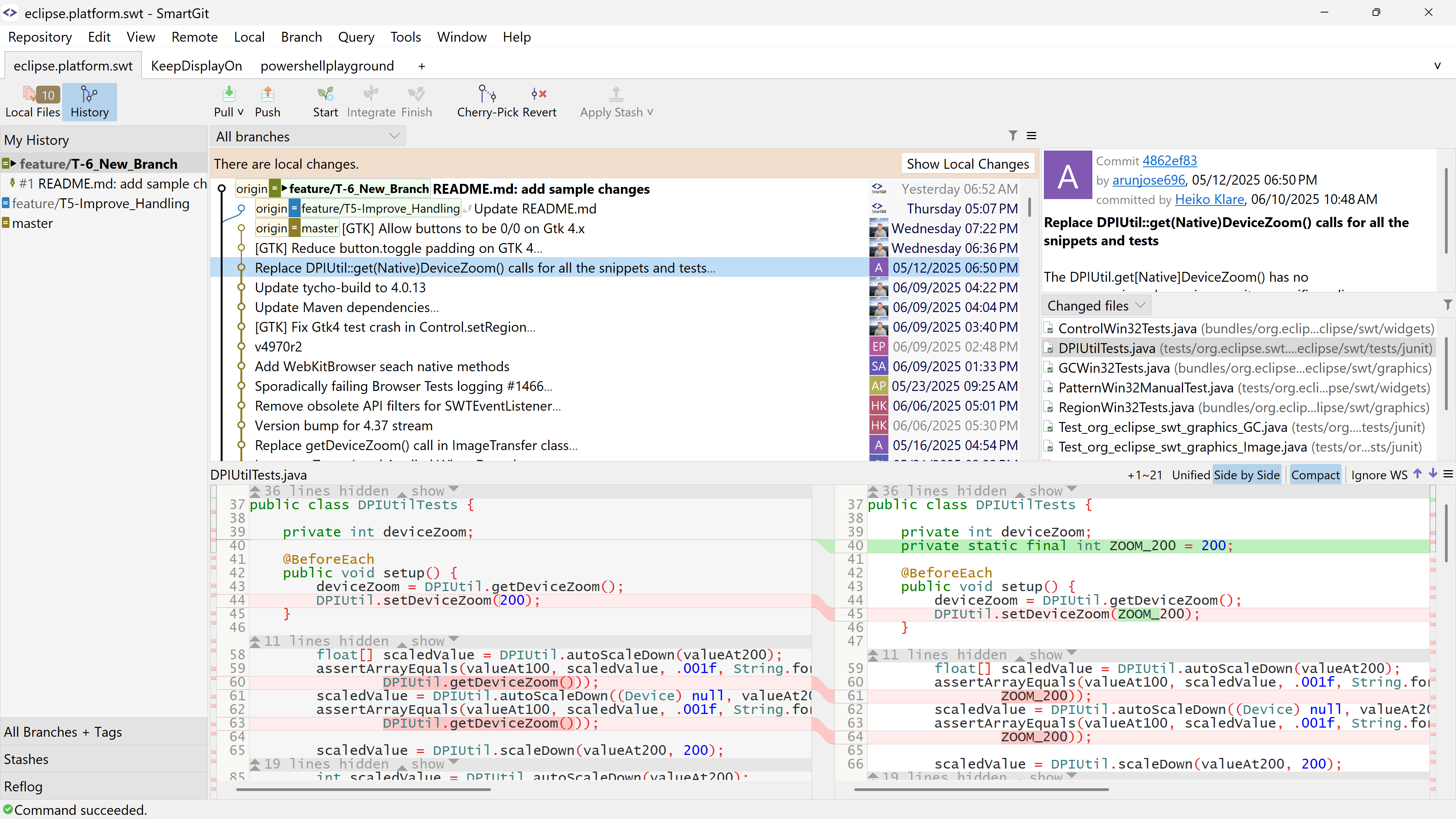 SmartGit's Standard Window interface featuring tabbed repositories, local files view, and integrated Git history navigation.