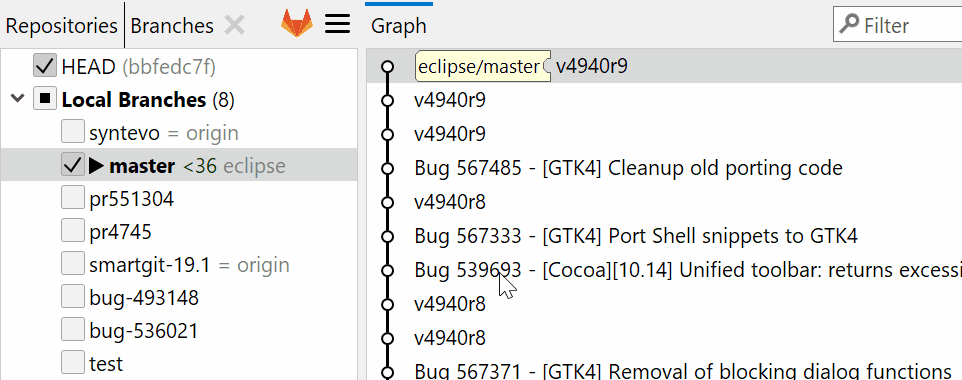 SmartGit's drag-and-drop interface for visual Git commit reordering and branch management without terminal commands.