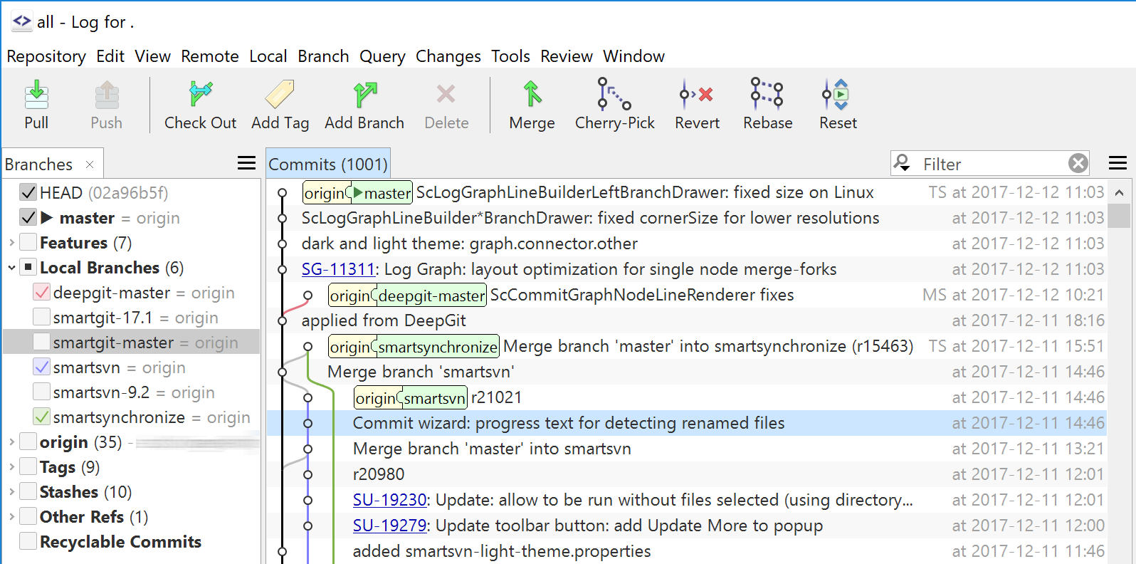 SmartGit 18.1 redesigned log with improved performance and dedicated ref coloring