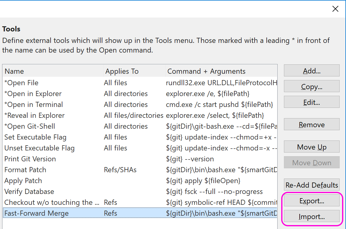 SmartGit 18.1 external tools configuration with export/import for team sharing