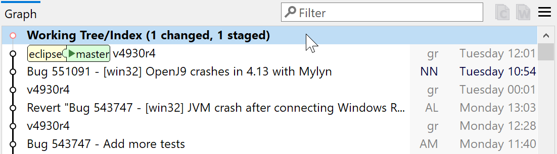 SmartGit 20.1 unified Working Tree/Index node in log graph with HEAD-sticky positioning