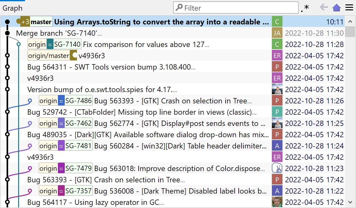 SmartGit 22.1 enhanced log graph with consistent branch colors and pushable commit indicators