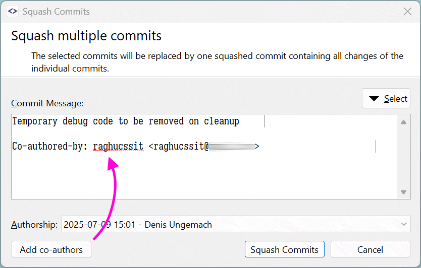 SmartGit 25.1 commit squashing with co-author attribution preserving contributor credit