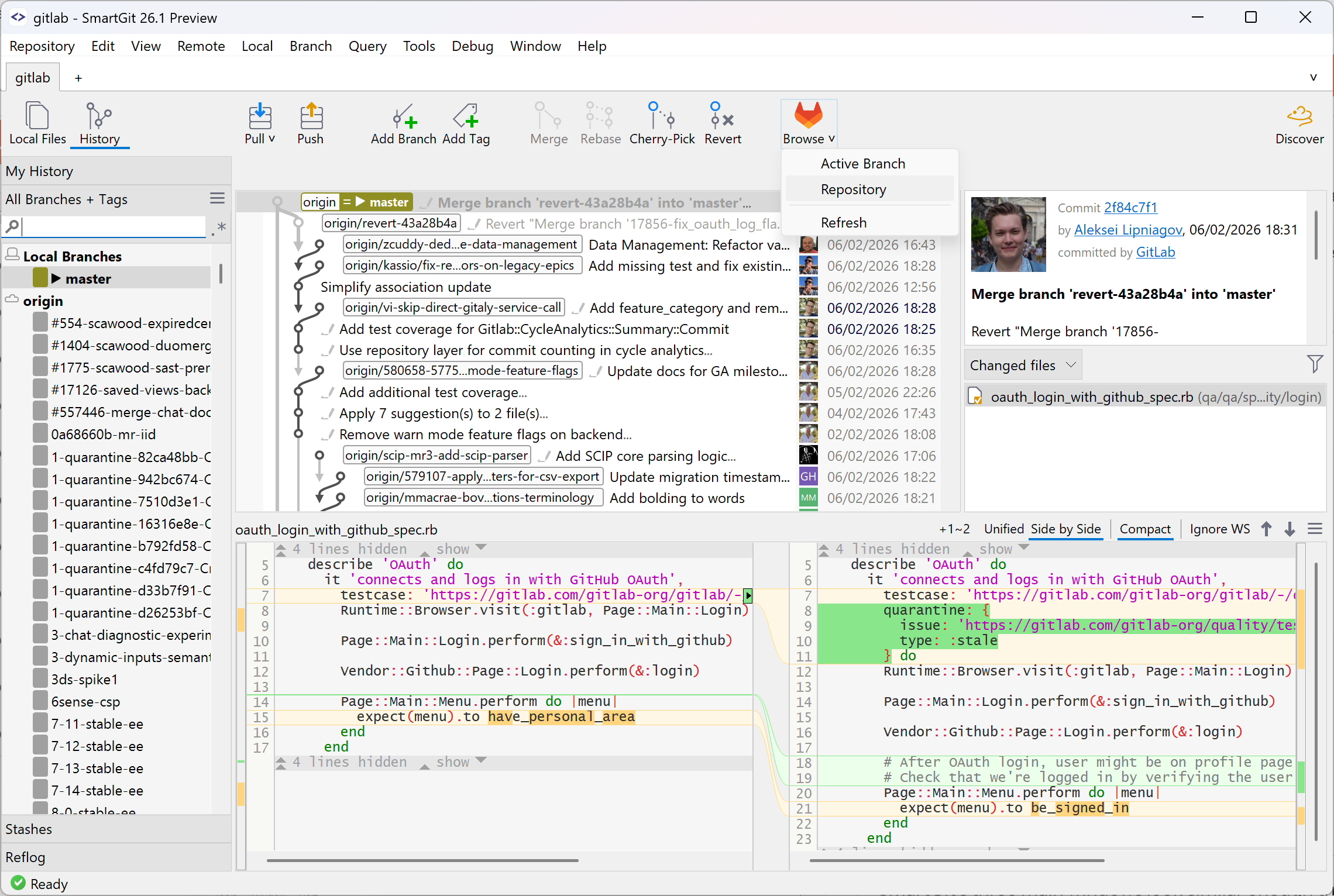 SmartGit 26.1 with a refreshed visual style, improved GitLab support, Commit Overlap, and Git 3.0 compatibility