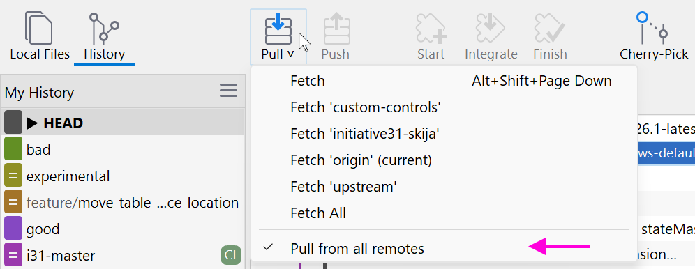 In the Standard window you can configure the pull behavior in the Pull toolbar button popup menu