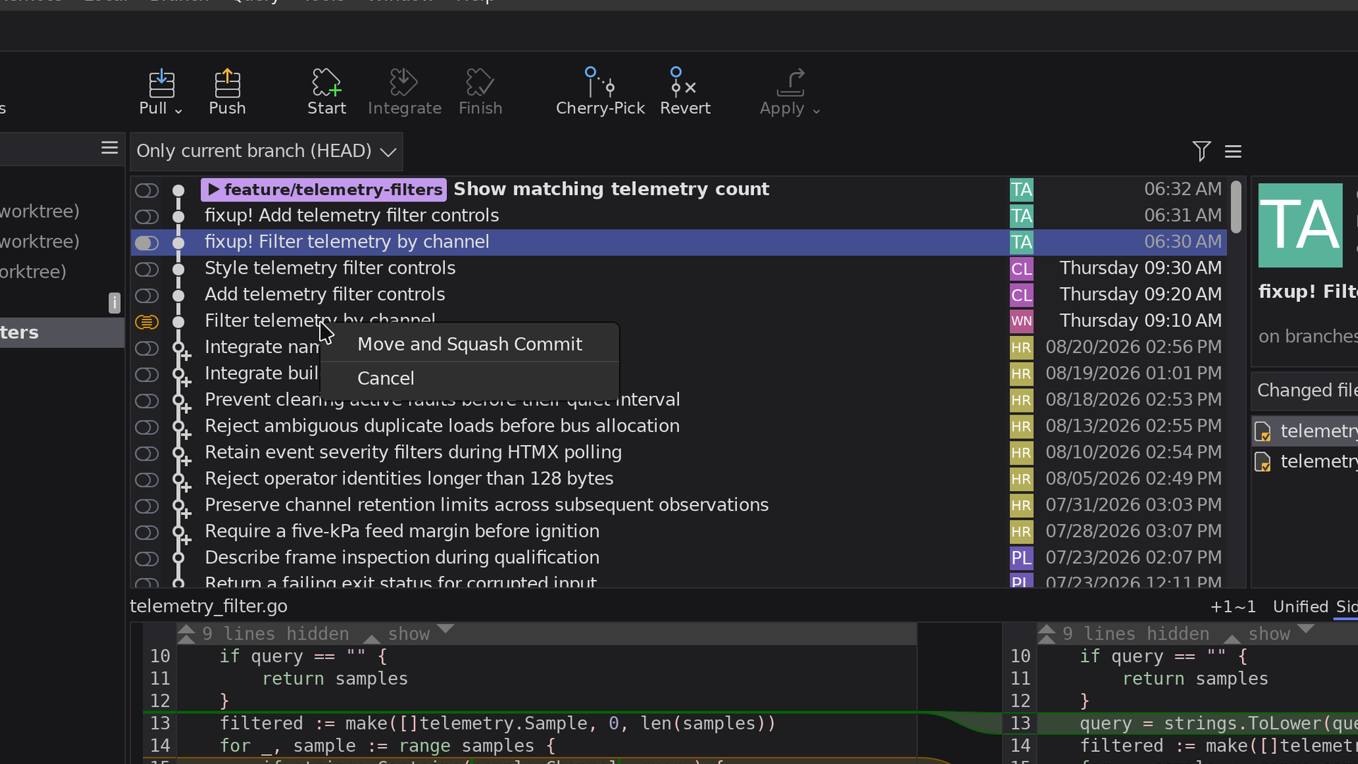 SmartGit's Graph showing the Move and Squash Commit action in a branch context menu