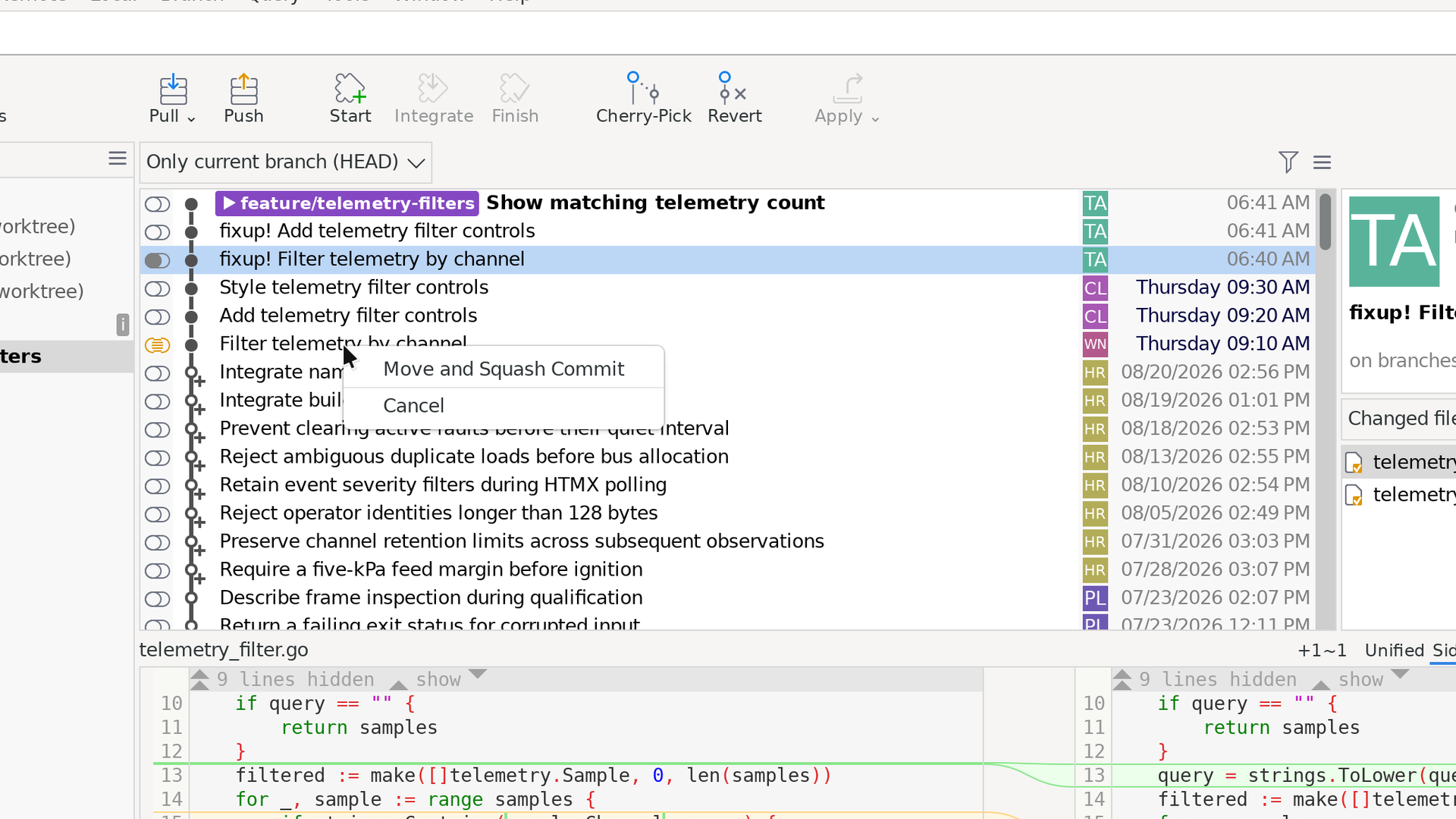 SmartGit's Graph showing the Move and Squash Commit action in a branch context menu
