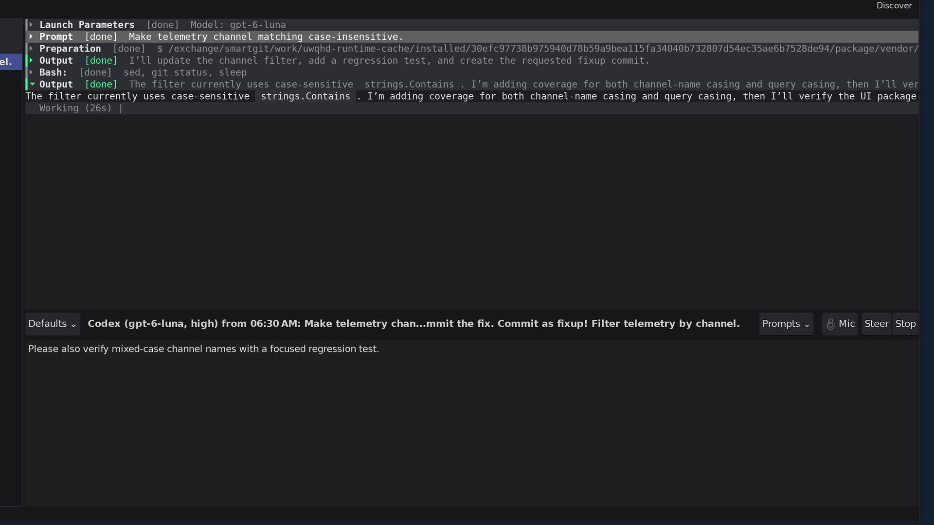 SmartGit's Agent view with the Steer control and a follow-up instruction entered