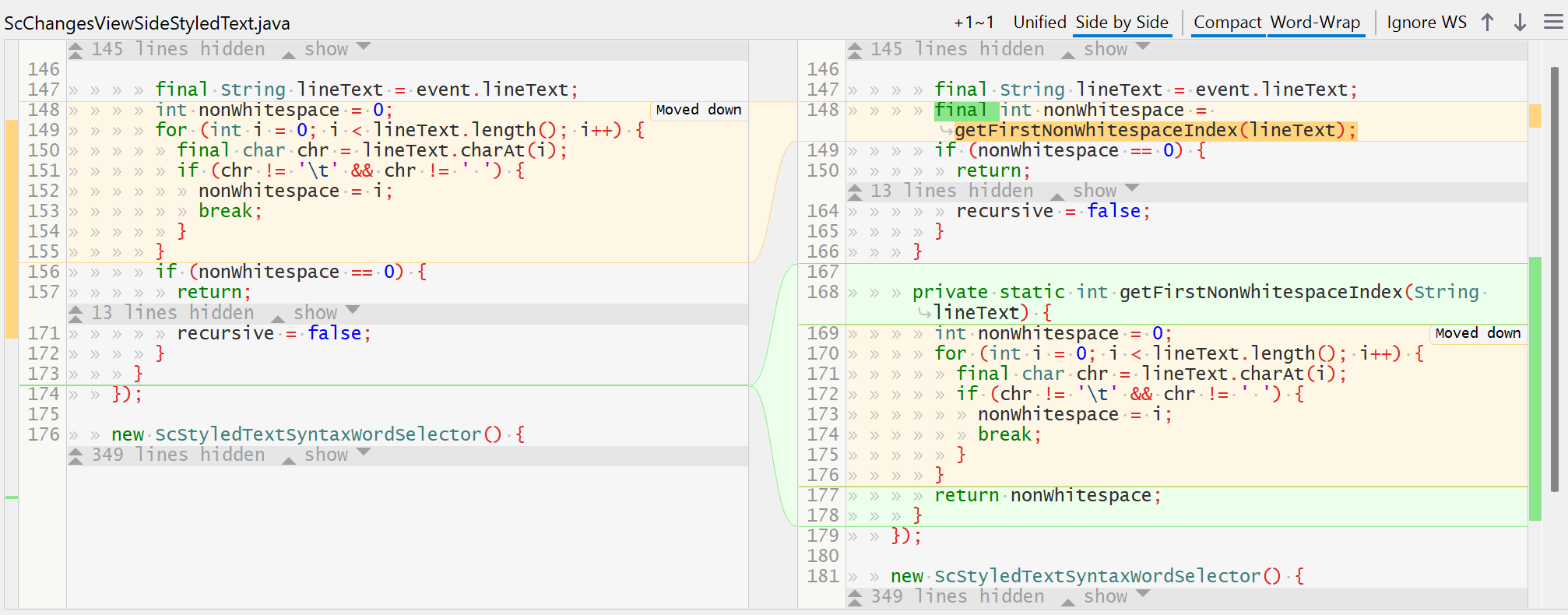SmartGit's Changes view connects moved code with move-specific highlighting and navigation